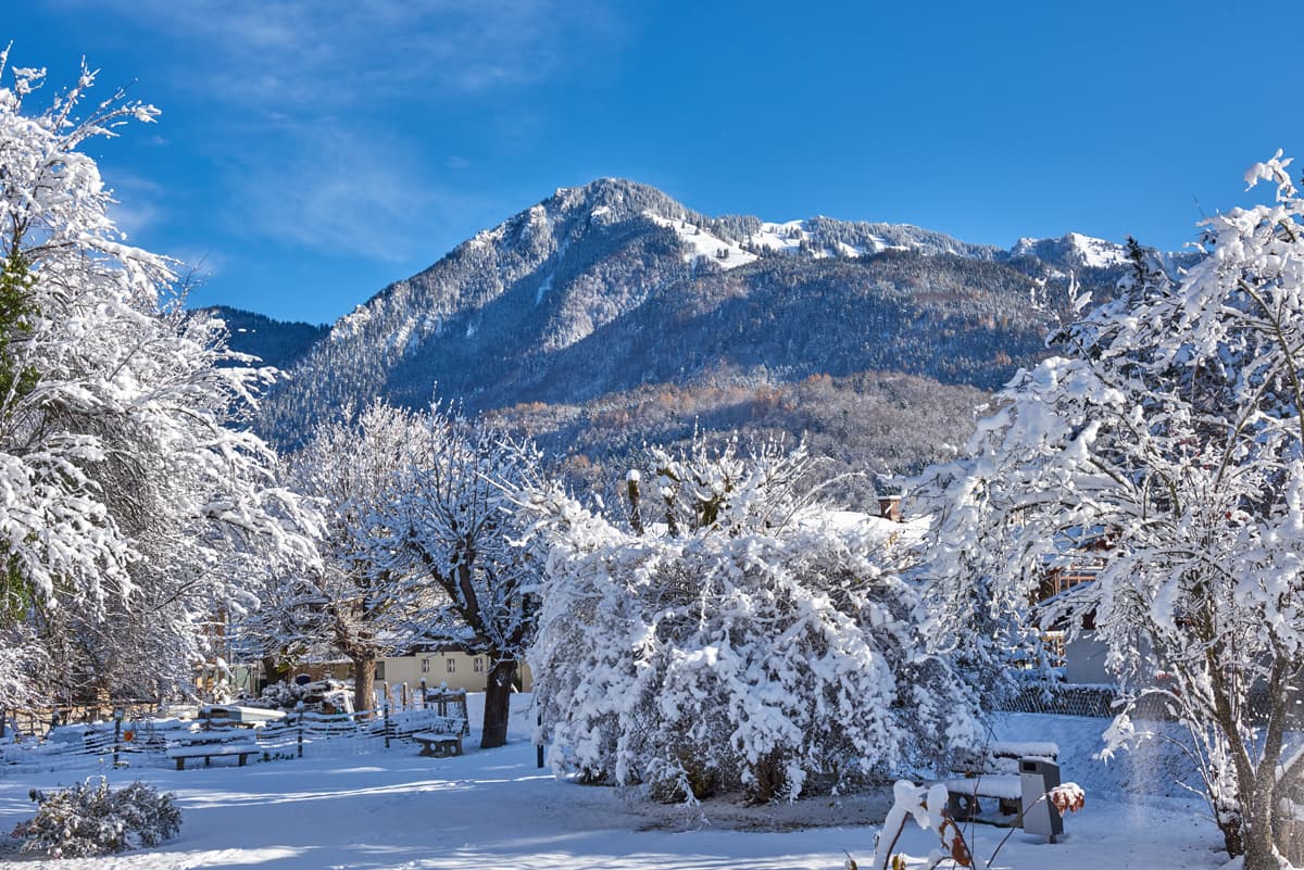 Verschneite Parkanlage im Hintergrund Hochlerch und Hochgern